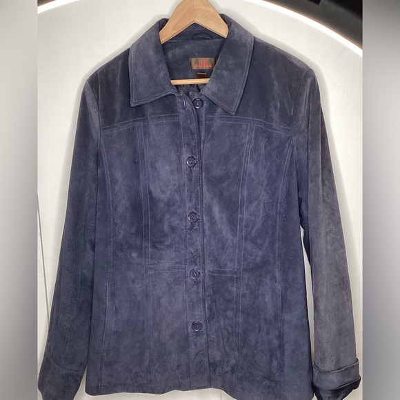 Danier woman’s Mid Legnth, blue suede Button Up jacket, Xl - Picture 2 of 13